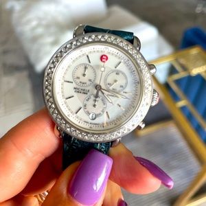 MICHELE WATCH. ROUND DIAMOND BEZEL WITH GREEN ALLIGATOR STRAP.